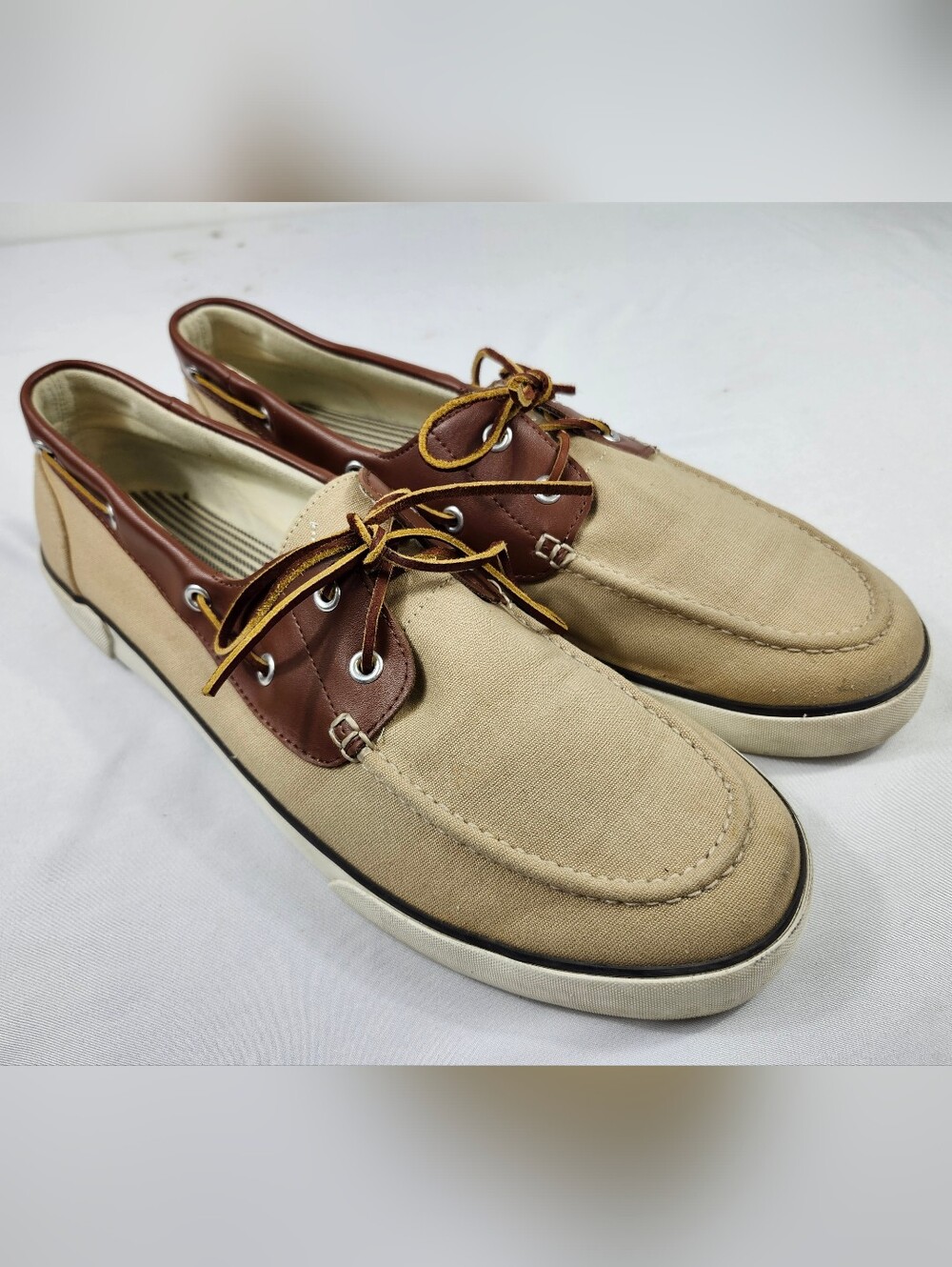 Polo Ralph Lauren Mens 14 D Tan Canvas Boat Shoes with Brown Leather Trim
